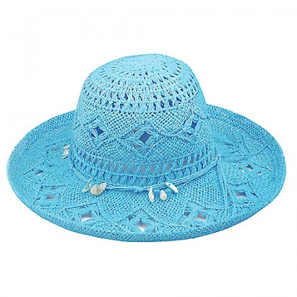 Wide Brim Crochet Toyo Straw Accent Hats – 12 PCS w/ Beaded Band - Blue - HT-8202BL